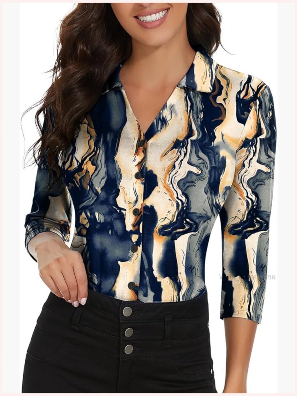 Women's 3/4 Sleeve V-Neck Button Down Golf Polo Shirt Business Casual Work Top
